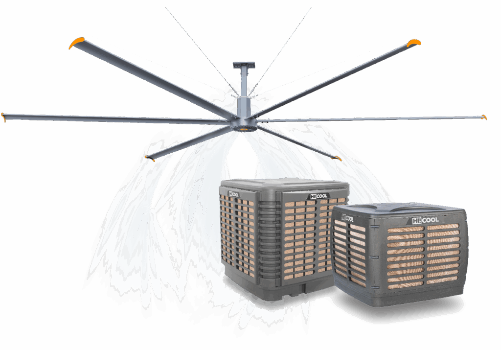 Lfans. Ventiladores HVLS. Ventiladores industriales. Evaporativos. Climatización ecológica.